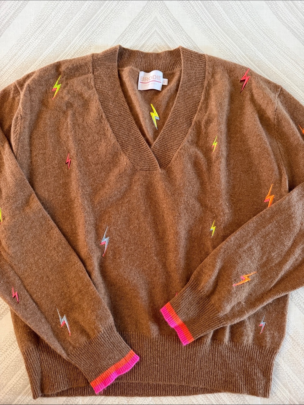 Brodie Cashmere Brown V-Neck Sweater Neon Embroidered Lightning Bolts XS